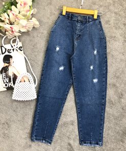 شلوار مام فیت زاپ آبی تیره (300837)