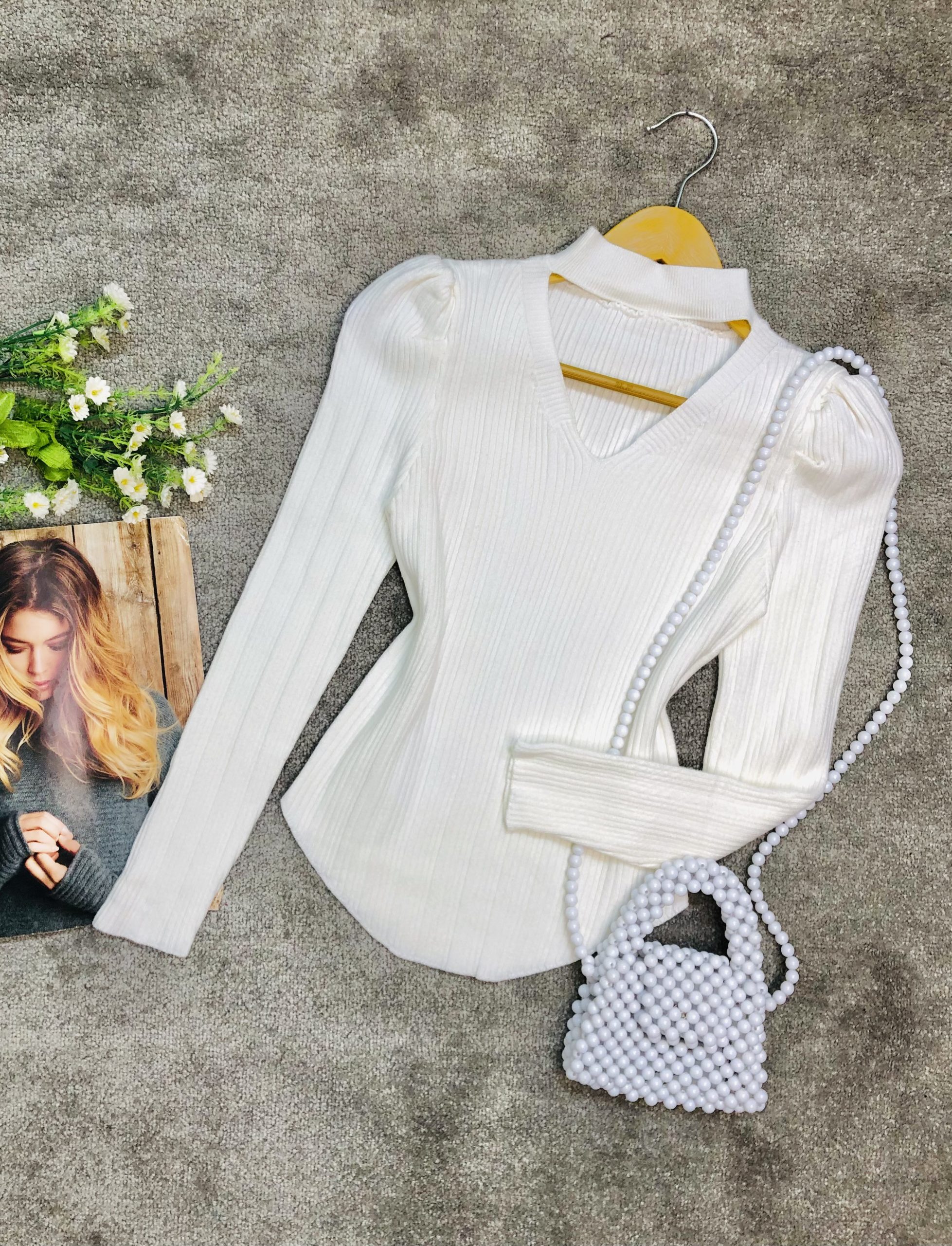 بافت وارداتی استین پف یقه هفت گردنی (3694)