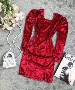 سارافون مخمل قرمز کوتاه چاکدار (2882)