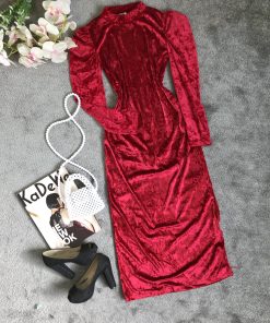 سارافون مخمل قرمز بلند یقه ایستاده (2881)