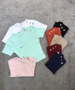 کراپ تیشرتی تک جیب سرشانه دکمه(3737)